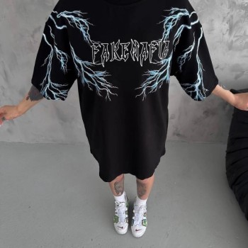 Kadın Bisiklet Yaka Yıldırım Baskılı  Kısa kol Oversize T-Shirt - Siyah
